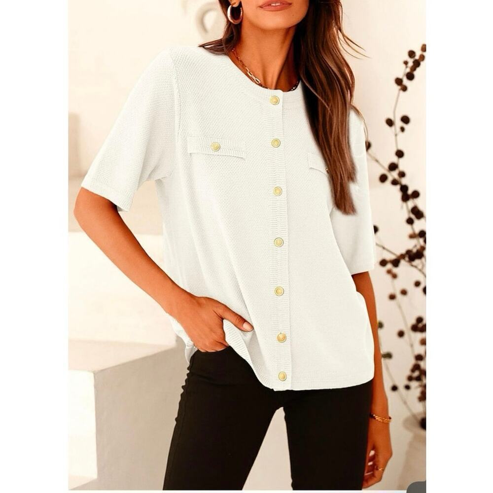 PRETTY GARDEN Ivory Minimalist Short Sleeve Cardigan Sweater L Quiet Luxury - Picture 2 of 11